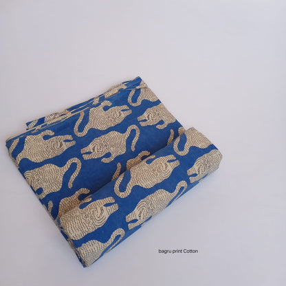 Blue wild tiger animal Bagru handblock printed cotton fabric for boutiques