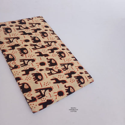 Cream black horse animal Bagru handblock printed cotton fabric artisan crafted