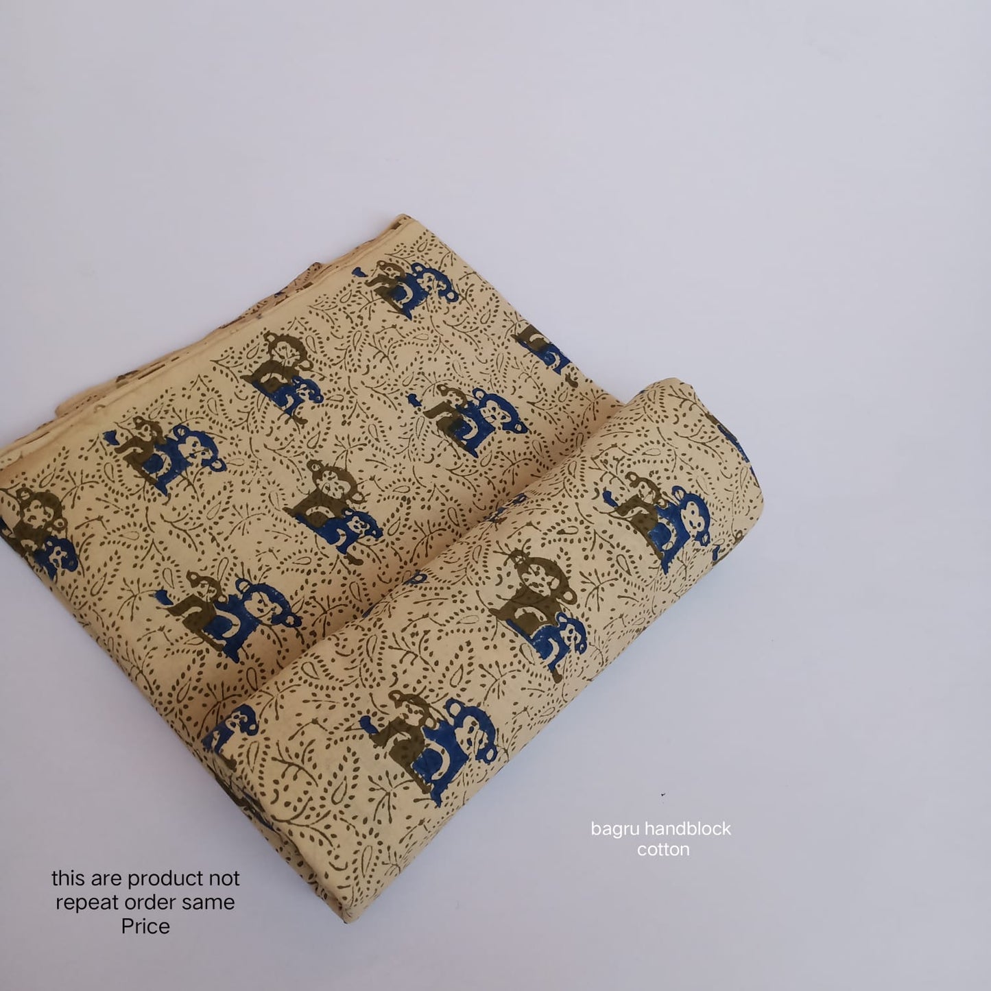 Cream blue olive monkey motif Bagru handblock cotton fabric traditional