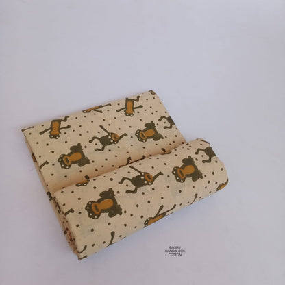 Cream olive monkey animal Bagru handblock printed cotton fabric traditional print