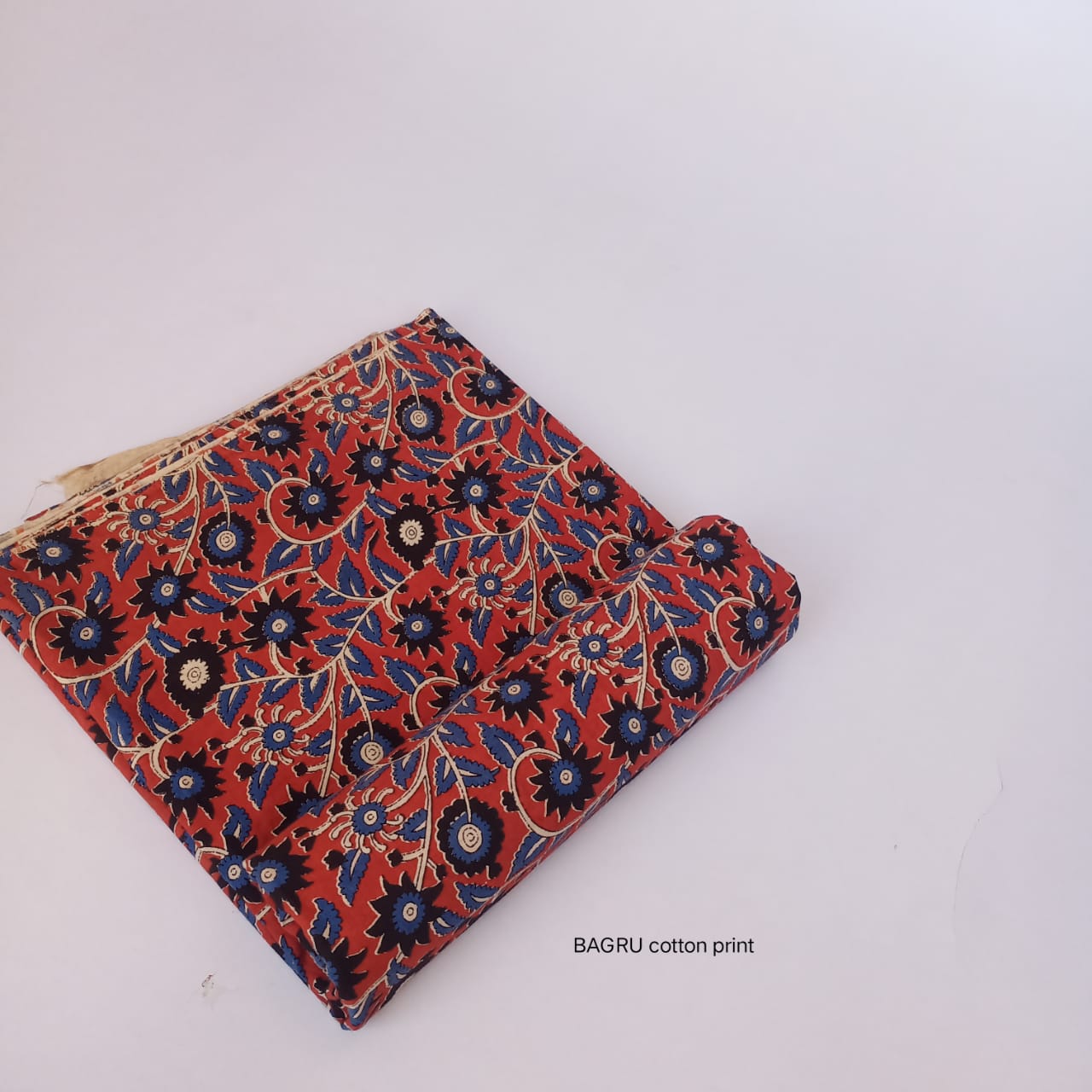 Madder red and blue floral jaal Bagru handblock cotton fabric artisan crafted