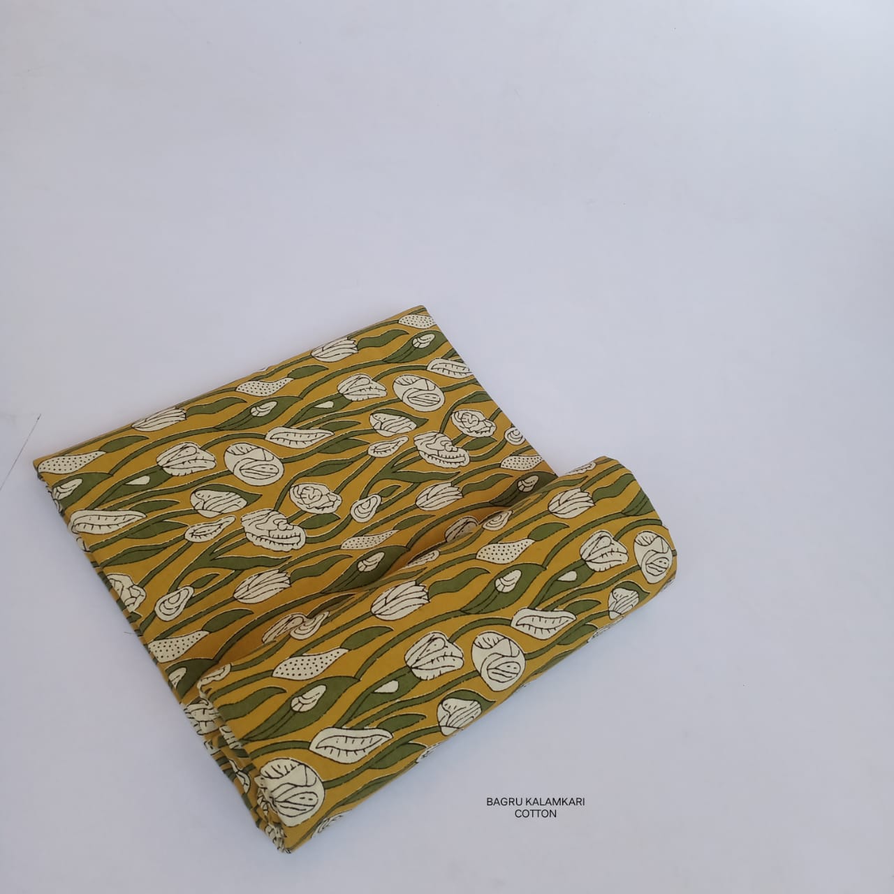 Mustard and green large leaf Bagru handblock printed cotton fabric wholesale