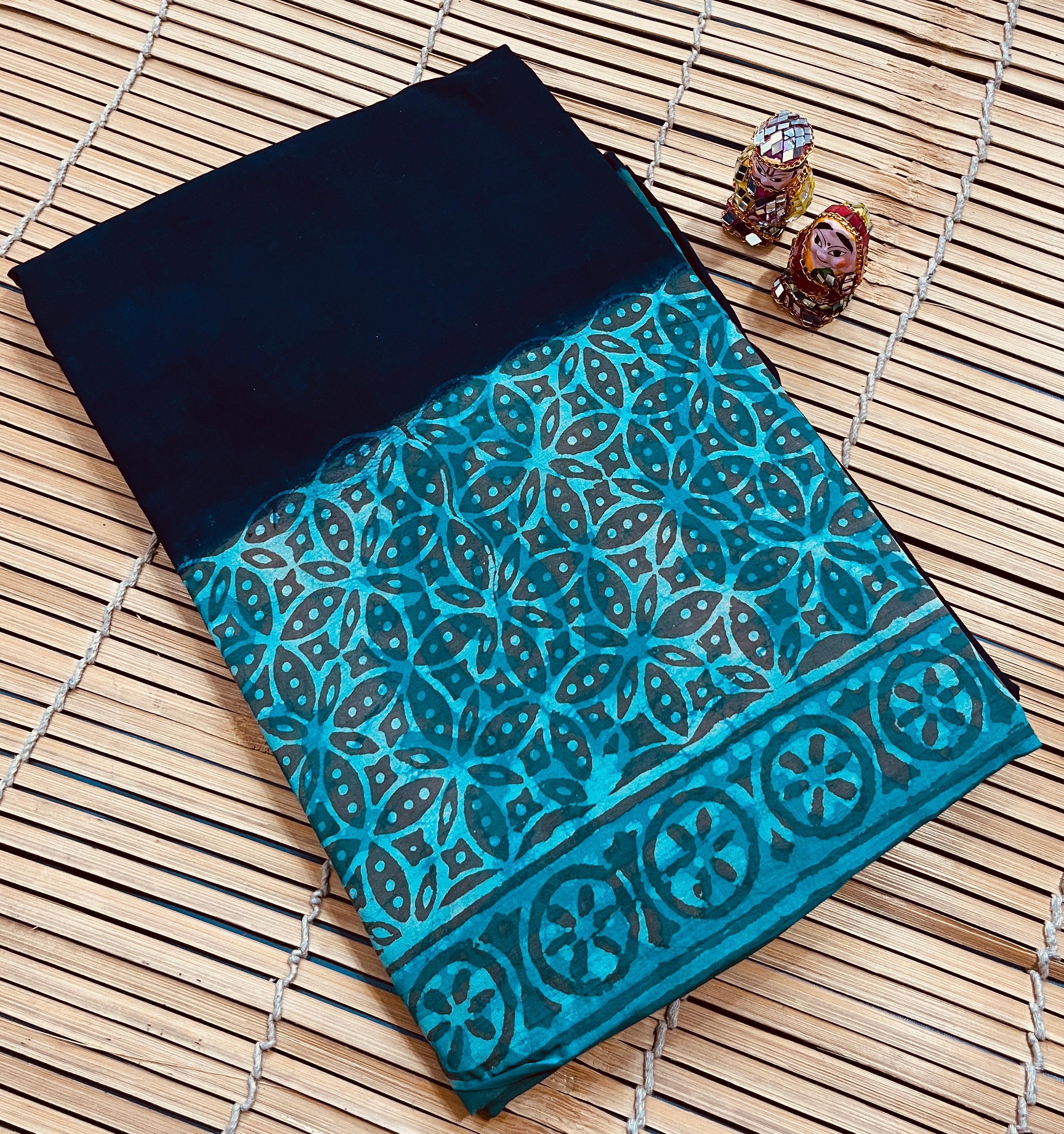 Black Blue Motif Cotton Mul Handblock Saree – Designer handcrafted wholesale saree for retailers and boutiques