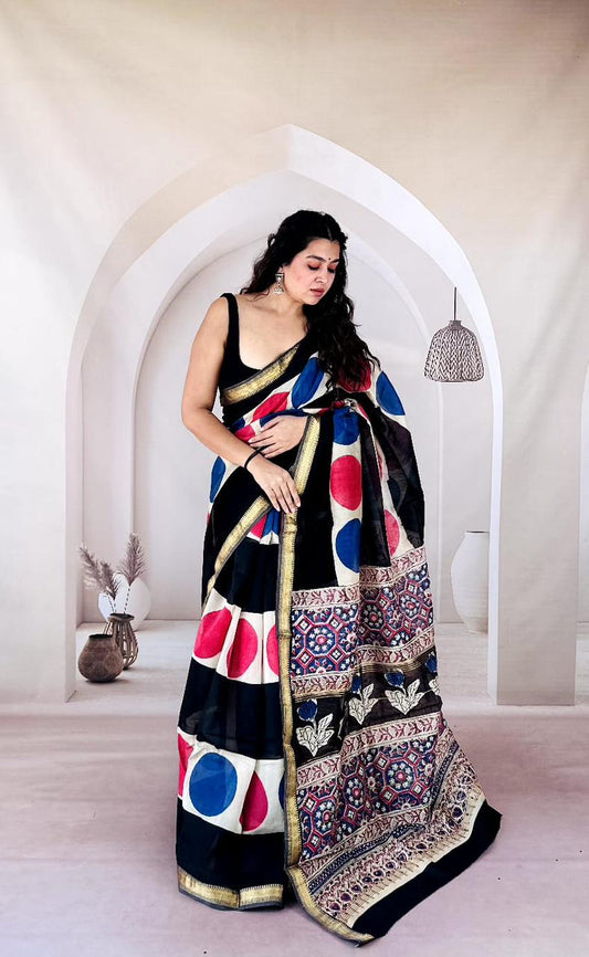 Black Maheshwari Silk Handblock Printed Saree with Checks Design – Wholesale Silk Saree for Boutiques