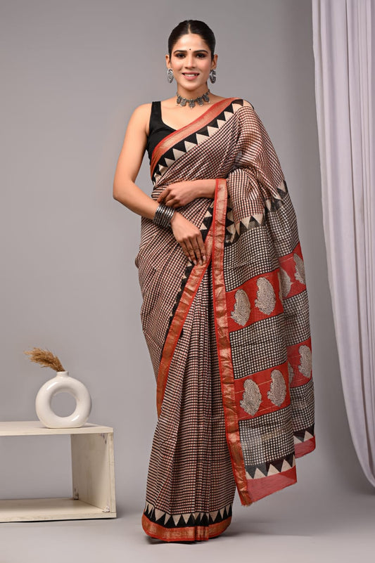 Black Maheshwari Silk Handblock Printed Saree with Checks Design – Wholesale Silk Saree for Boutiques