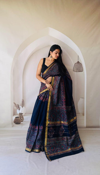 Black Maheshwari Silk Handblock Printed Saree with Floral Design – Elegant Wholesale Silk Saree