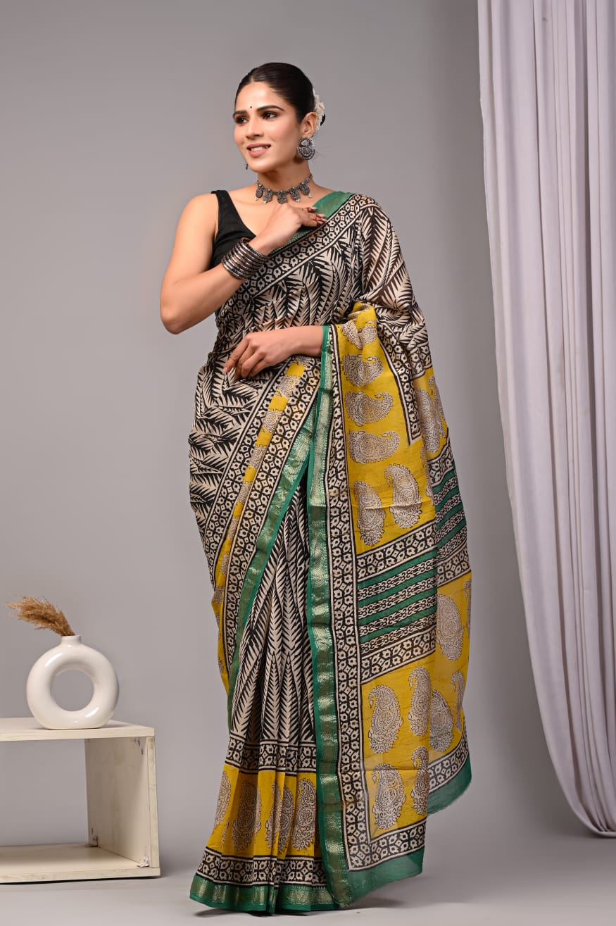 Black Maheshwari Silk Handblock Printed Saree with Leaf Jaal Design – Wholesale Designer Silk Saree