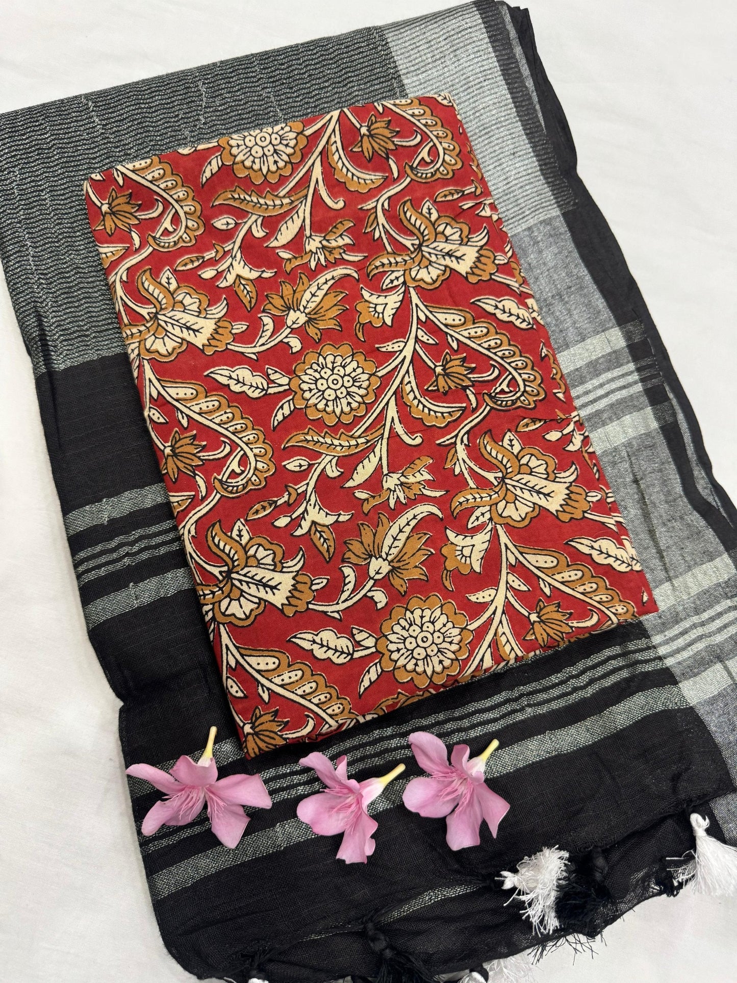 Black Saree with Maroon Floral Jaal Blouse Fabric – Premium handblock cotton mul saree wholesale for boutiques and designers