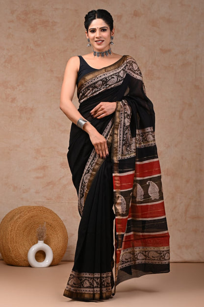 Black Maheshwari Silk Handblock Printed Saree with Floral Border – Wholesale Elegant Silk Saree