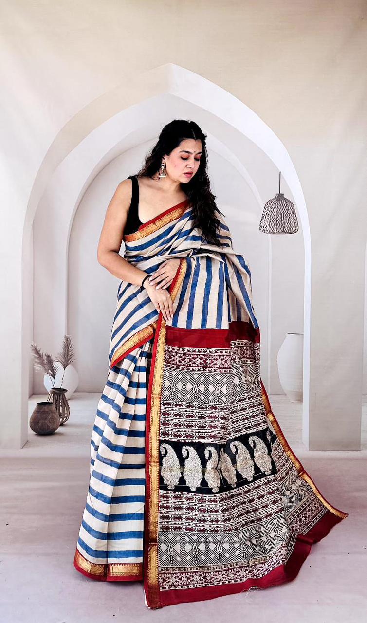 Black Maheshwari Silk Handblock Printed Saree with Geometrical Border – Wholesale Designer Silk Saree