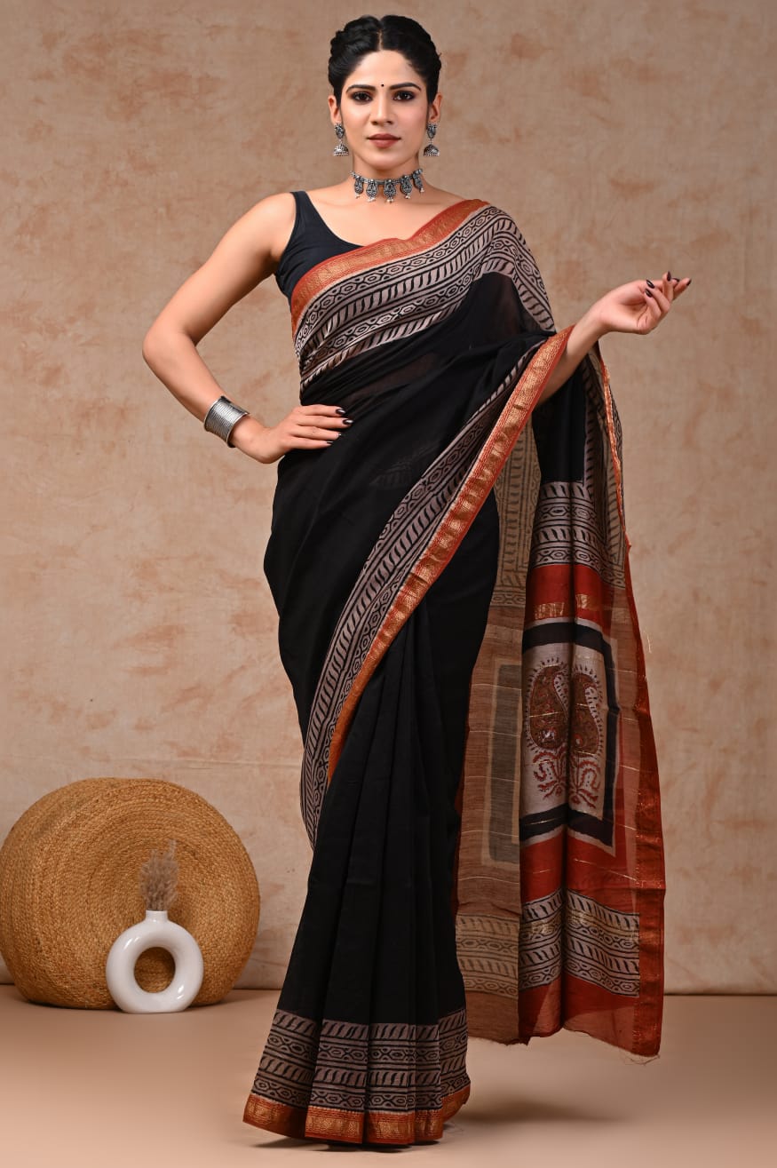 Black Maheshwari Silk Handblock Printed Saree with Geometrical Border – Wholesale Designer Silk Saree