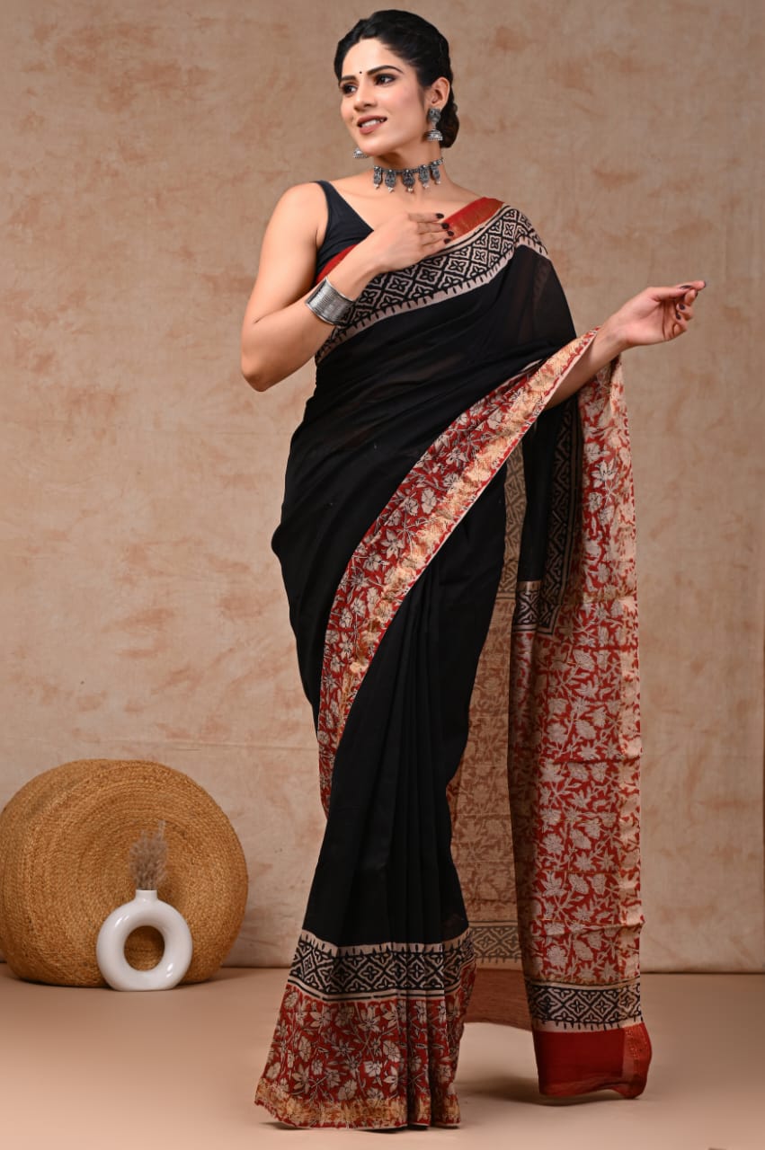 Black Maheshwari Silk Handblock Printed Saree with Madder Red Floral Border – Wholesale Designer Silk Saree