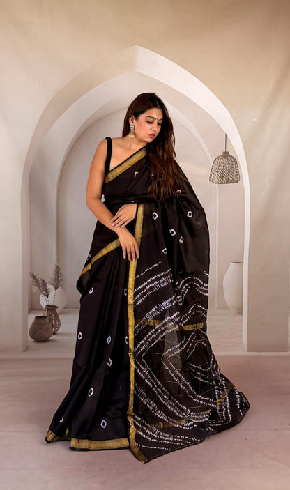 Black and White Cream Stripes Maheshwari Silk Handblock Printed Saree – Wholesale Elegant Silk Saree