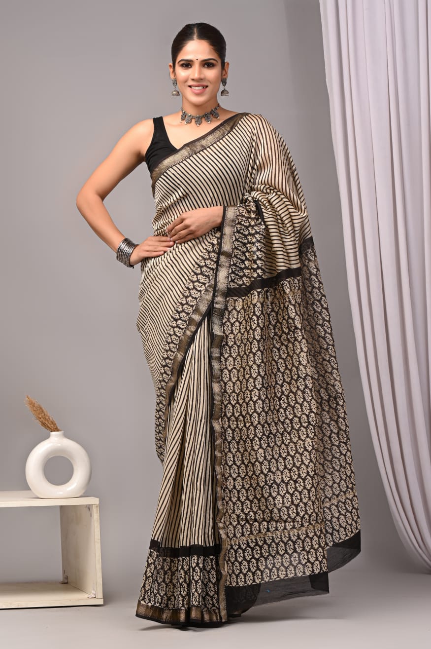 Black and White Cream Stripes Maheshwari Silk Handblock Printed Saree – Wholesale Elegant Silk Saree