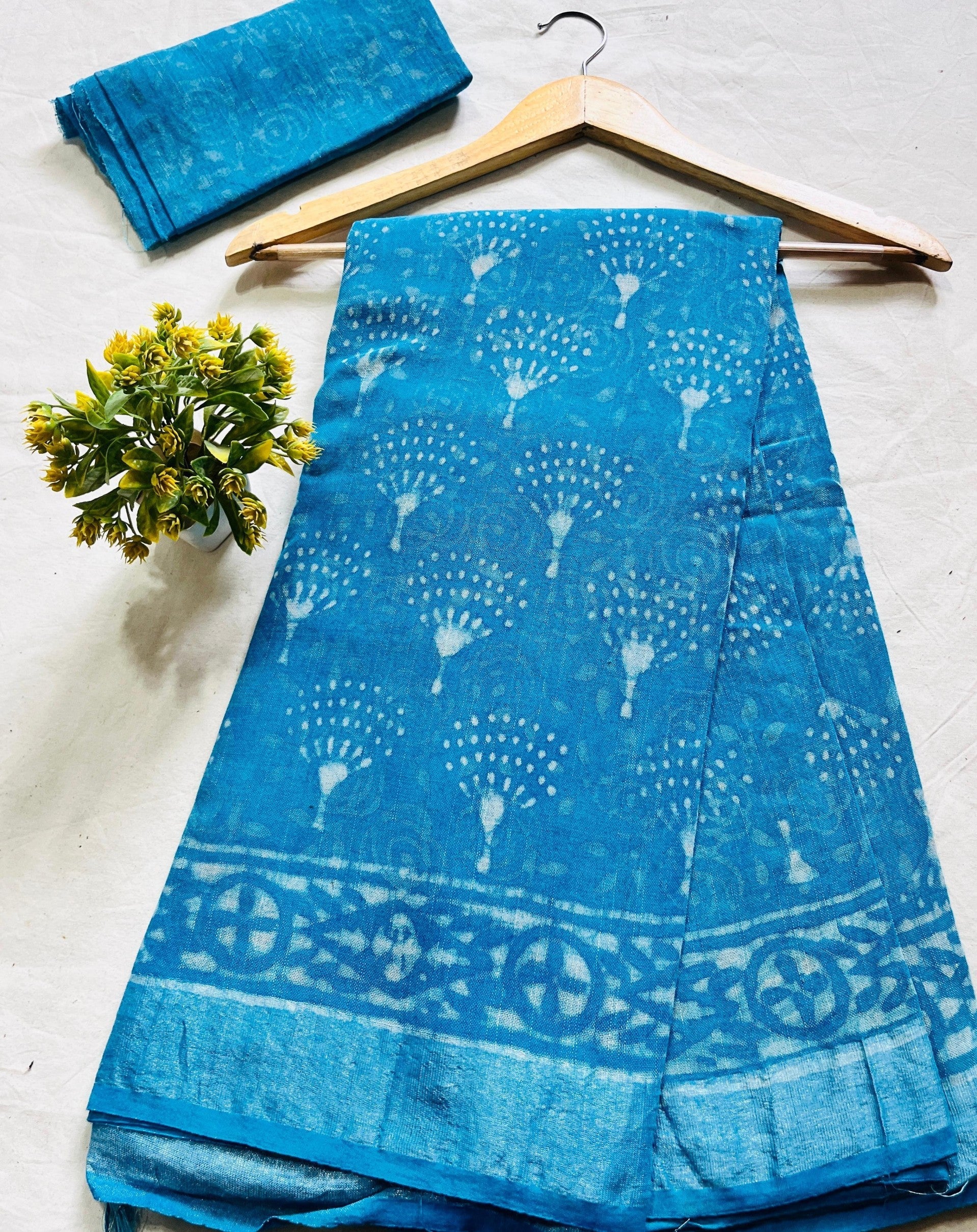 Blue All Over Booty Saree – Handcrafted cotton linen handblock printed saree wholesale for designers and boutiques