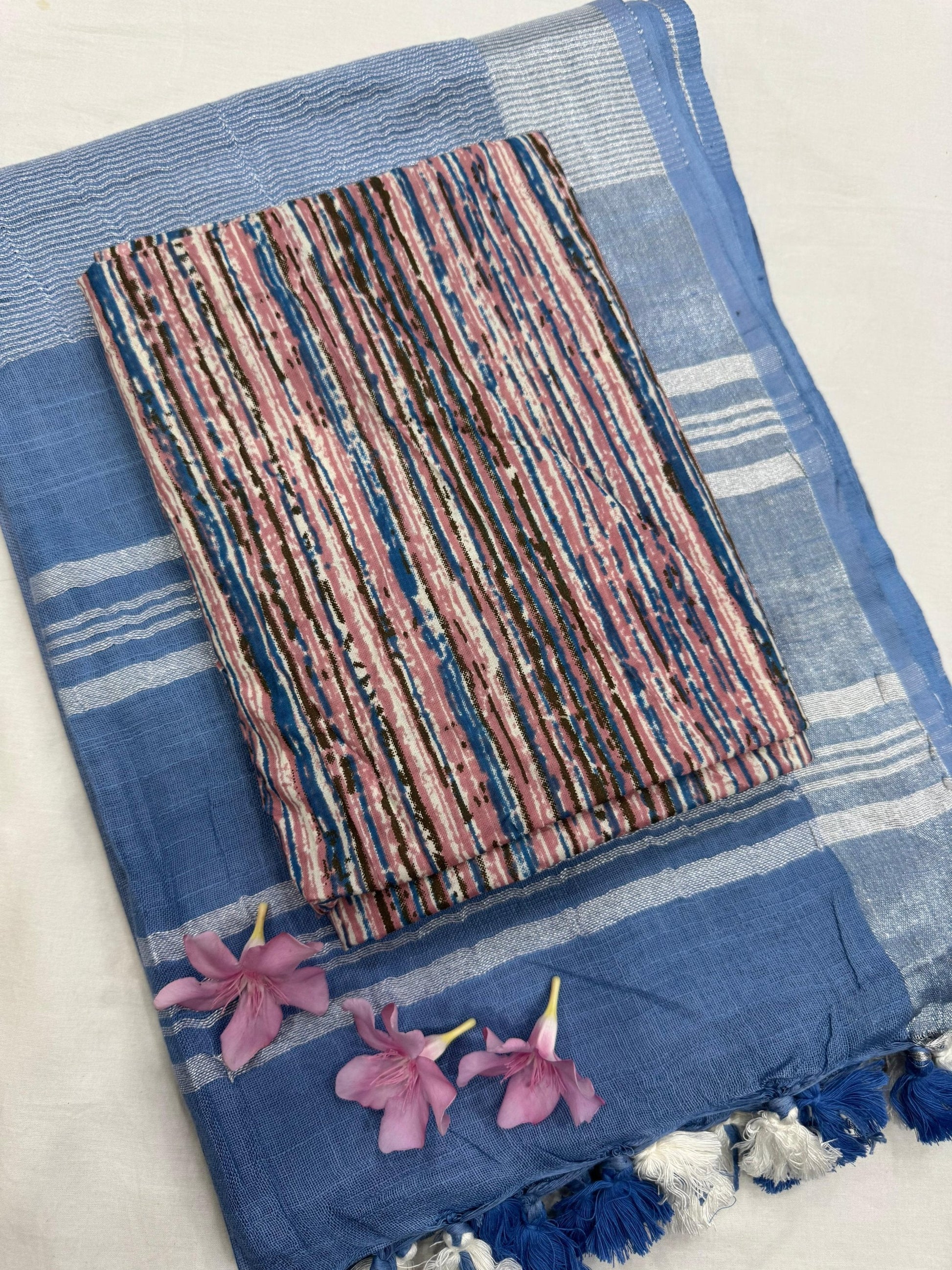 Blue Saree with Brown Stripes Blouse Fabric – Designer handcrafted cotton mul handblock saree wholesale for retailers