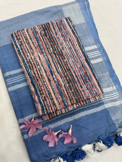 Blue Saree with Brown Stripes Blouse Fabric – Designer handcrafted cotton mul handblock saree wholesale for retailers