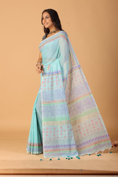 Blue Butti Cotton Mul Handblock Gold Printed Saree – Premium lightweight handblock saree for wholesale boutiques