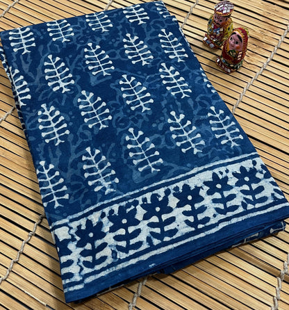 Blue Floral Buta Cotton Mul Handblock Saree – Handcrafted gold print wholesale saree for boutiques and stores