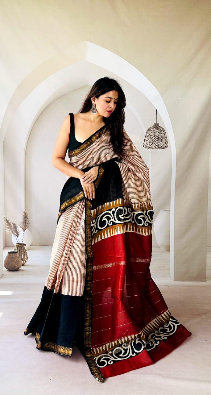 Blue Maheshwari Silk Handblock Printed Saree with Floral Boota – Wholesale Silk Saree for Retailers