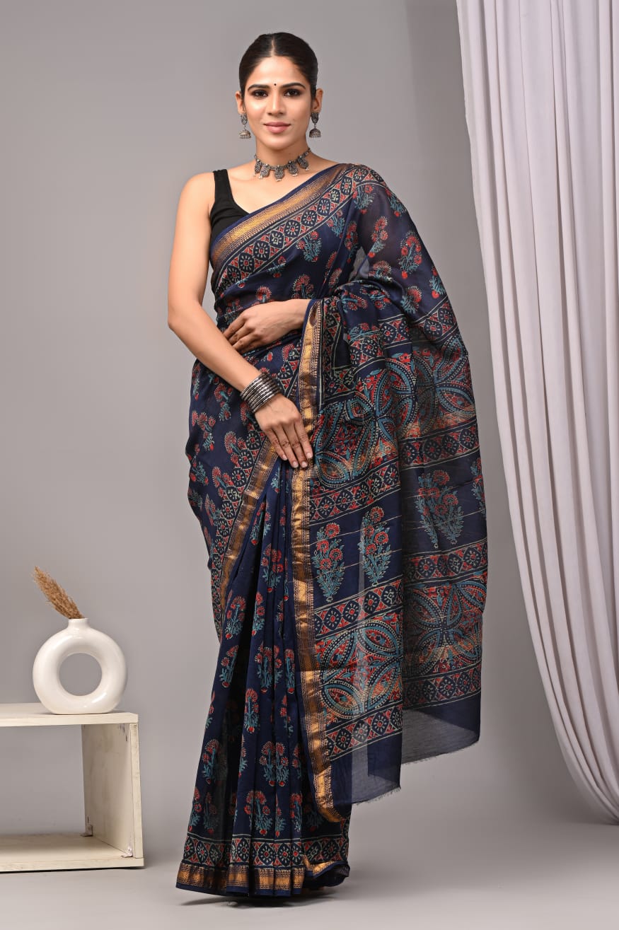 Blue Maheshwari Silk Handblock Printed Saree with Floral Boota – Wholesale Silk Saree for Retailers