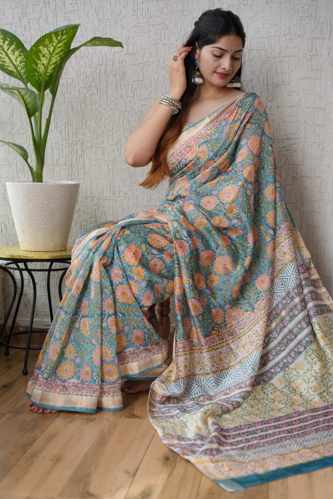 Blue Maheshwari Silk Handblock Printed Saree with Floral Jaal – Wholesale Silk Saree