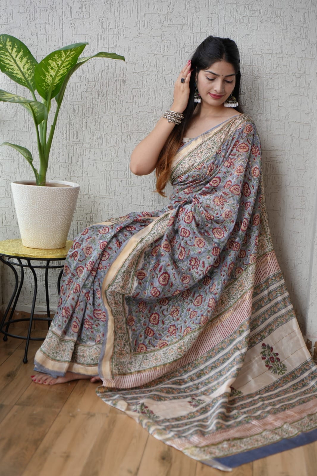 Blue Maheshwari Silk Handblock Printed Saree with Floral Jaal – Wholesale Silk Saree