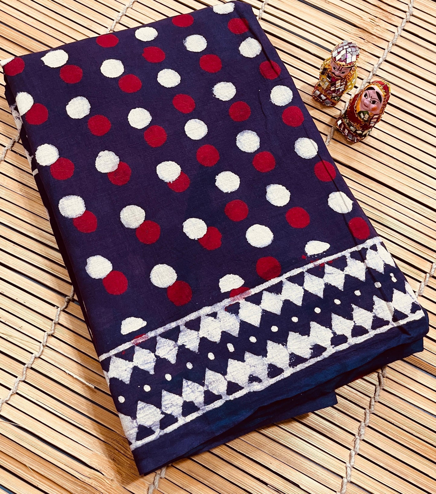 Blue with Maroon and White Polka Dots Cotton Mul Handblock Saree – Wholesale handcrafted saree for retailers, boutiques, and designers by Fabtexs