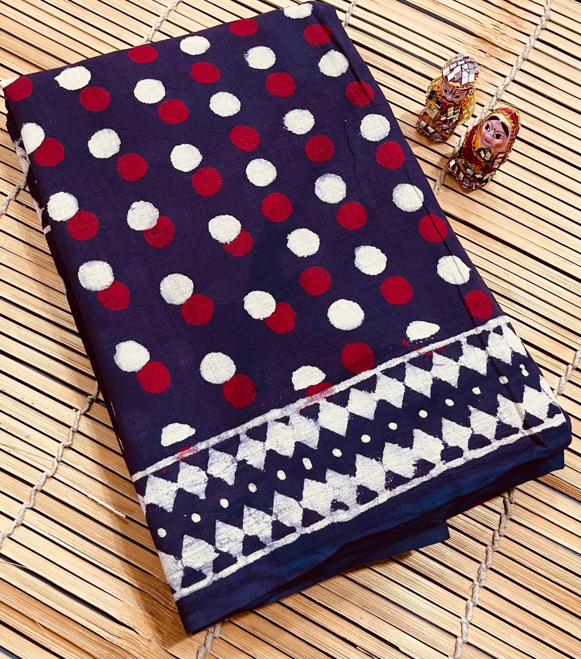 Blue with Maroon and White Polka Dots Cotton Mul Handblock Saree – Wholesale handcrafted saree for retailers, boutiques, and designers by Fabtexs