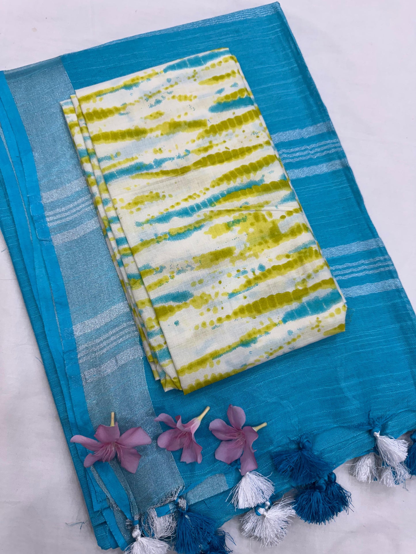 Blue Saree with Shibori Lime Green Blouse Fabric – Handcrafted cotton mul handblock saree wholesale for retailers and boutiques