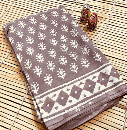 Brown Small Floral Butti Cotton Mul Handblock Saree – Handcrafted wholesale saree for retailers and boutiques