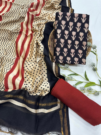 Wholesale Chanderi Silk Handblock Printed Dress Material – Black Butti Design, Artisan-Crafted in Rajasthan for Designers, Boutiques, and Bulk Orders