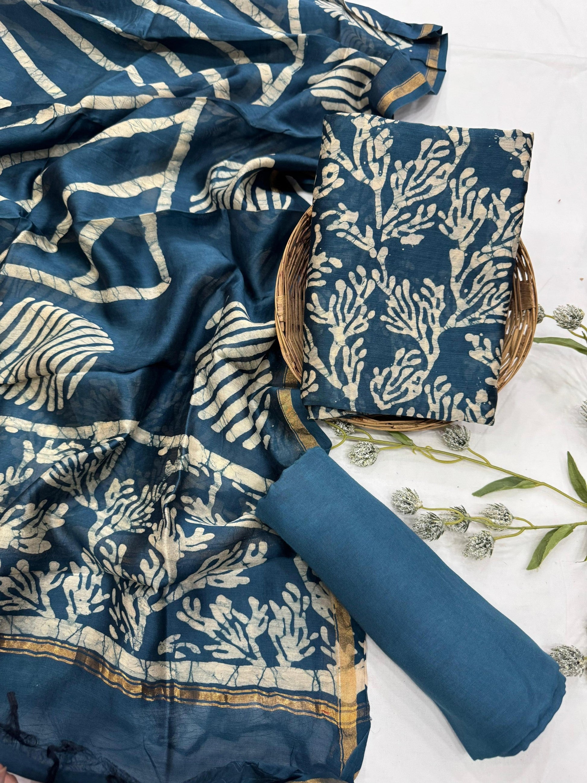 Wholesale Chanderi Silk Handblock Printed Dress Material – Blue Floral Design, Artisan-Crafted in Rajasthan for Designers, Boutiques, and Bulk Orders