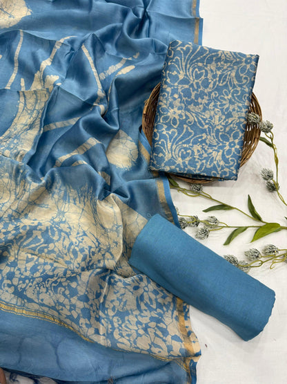 Wholesale Chanderi Silk Handblock Printed Dress Material – Blue Jaal Design, Artisan-Crafted in Rajasthan for Designers, Boutiques, and Bulk Orders