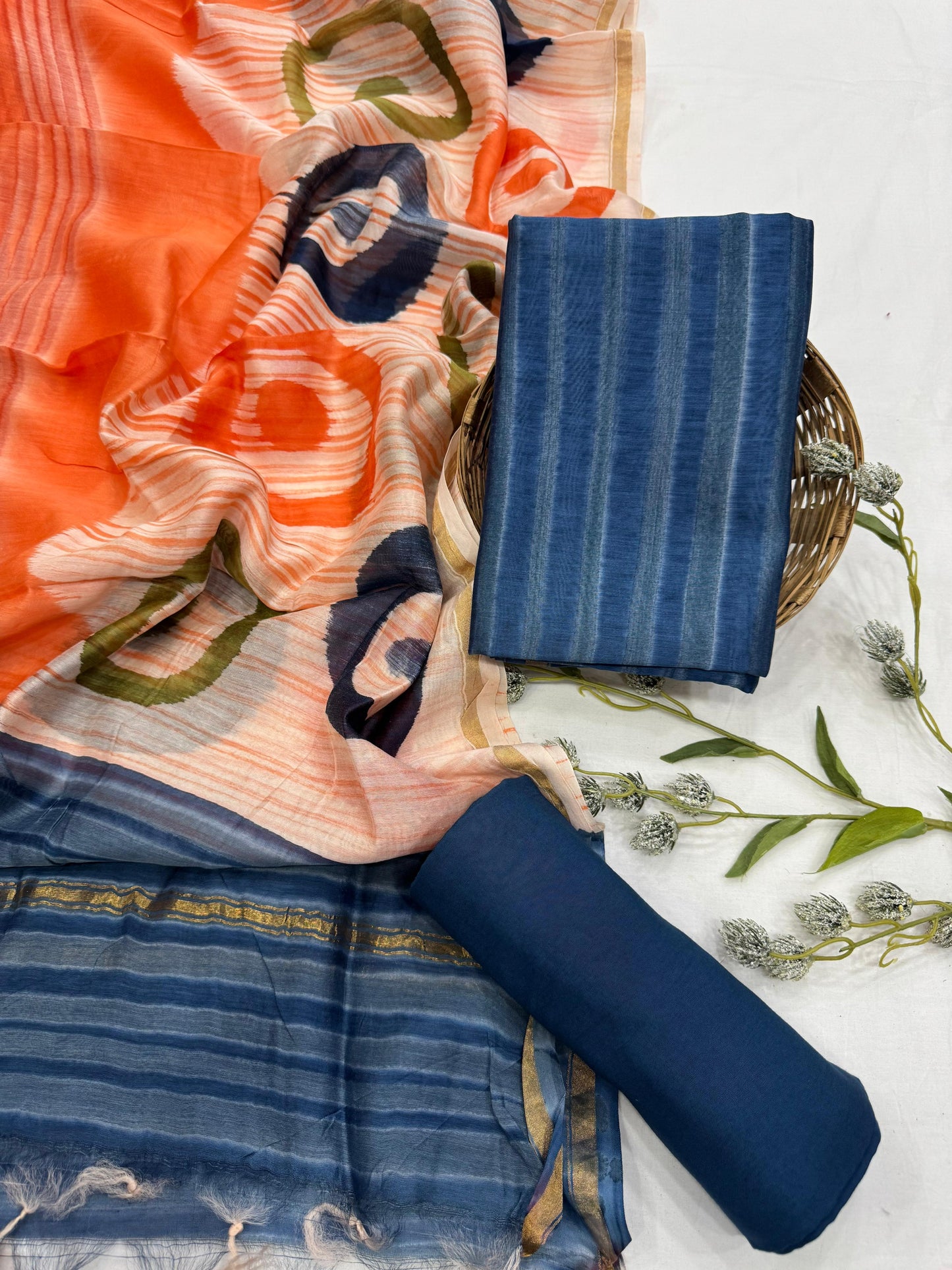 Wholesale Chanderi Silk Handblock Printed Dress Material – Blue Stripes Design, Artisan-Crafted in Rajasthan for Designers, Boutiques, and Bulk Orders