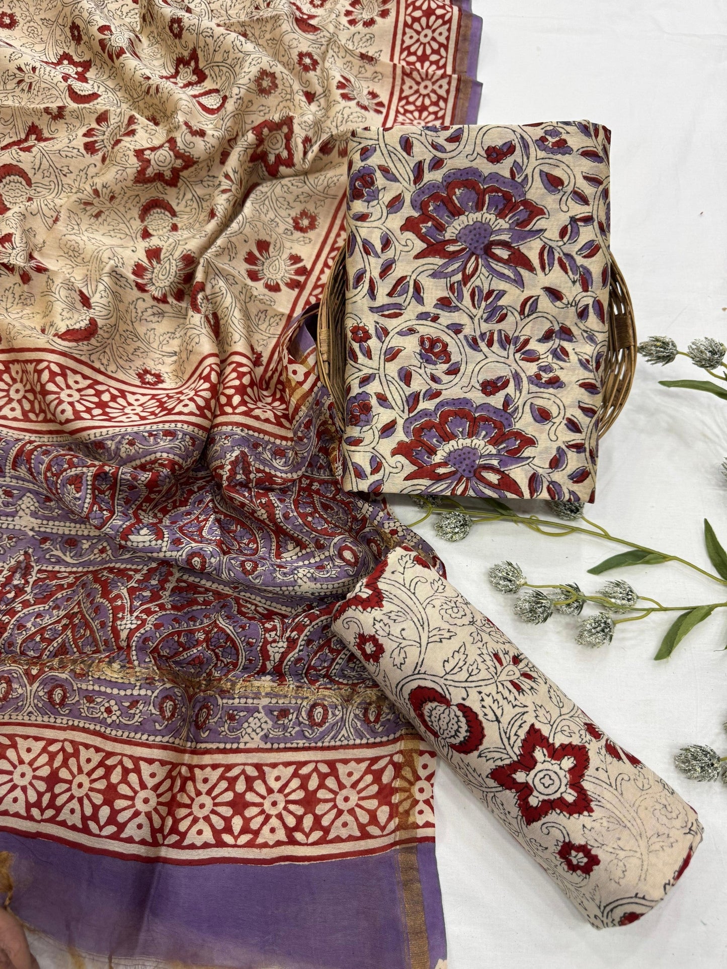 Wholesale Chanderi Silk Handblock Printed Dress Material – Cream Floral Jaal Design, Artisan-Crafted in Rajasthan for Designers, Boutiques, and Bulk Orders