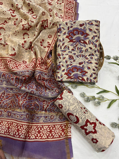 Wholesale Chanderi Silk Handblock Printed Dress Material – Cream Floral Jaal Design, Artisan-Crafted in Rajasthan for Designers, Boutiques, and Bulk Orders