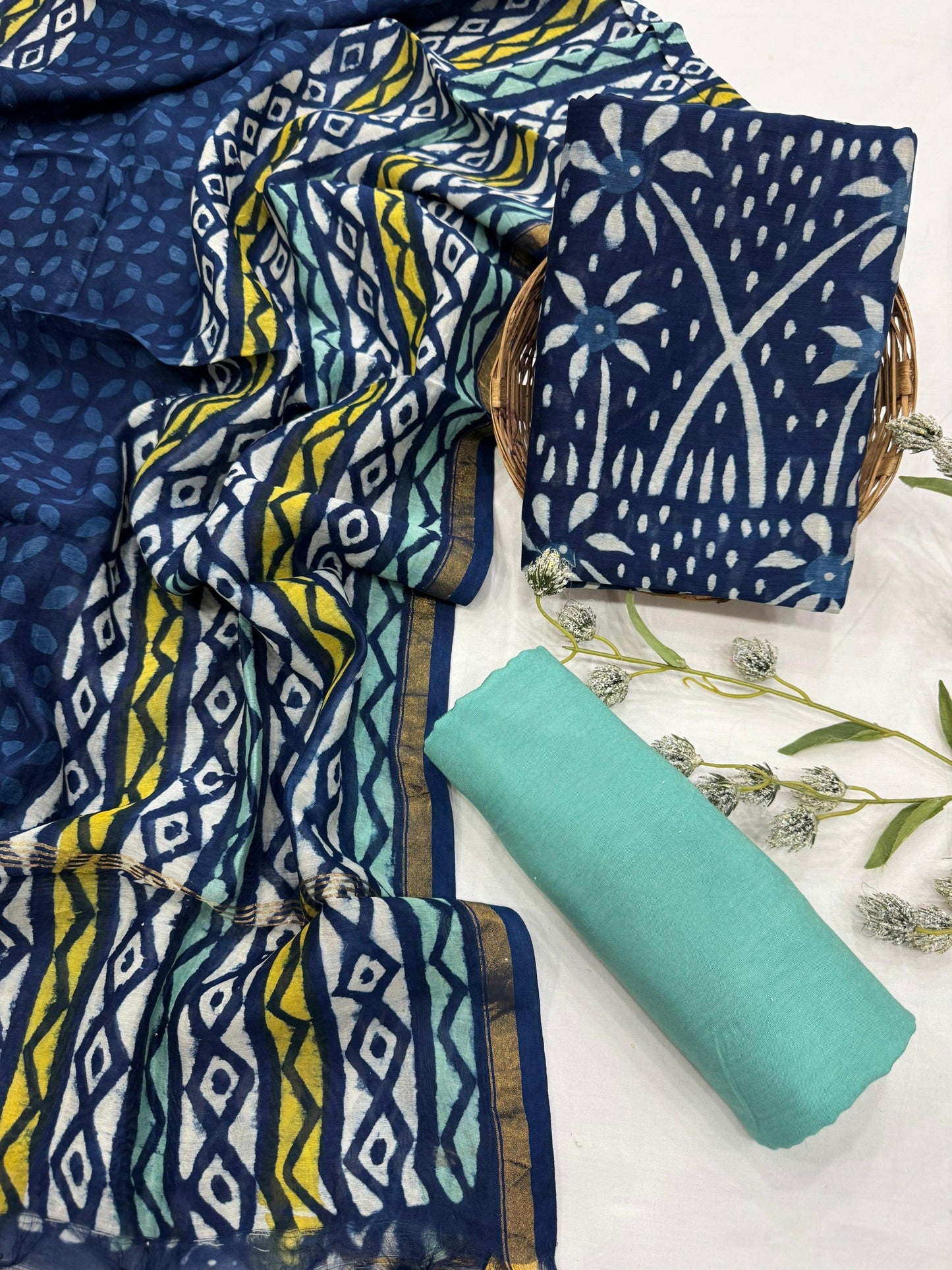 Wholesale Chanderi Silk Handblock Printed Dress Material – Indigo Butta Design, Artisan-Crafted in Rajasthan for Designers, Boutiques, and Bulk Orders