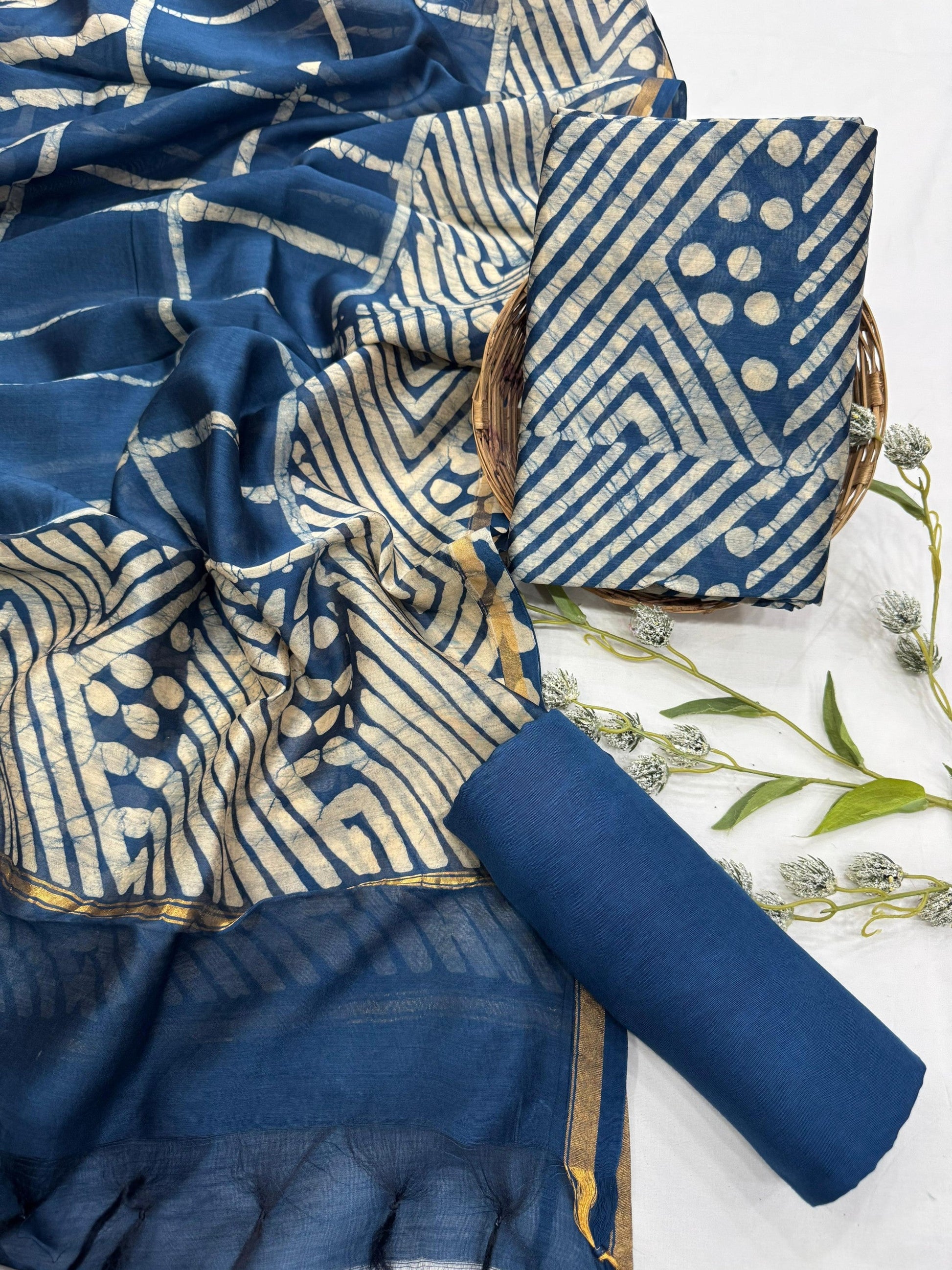 Wholesale Chanderi Silk Handblock Printed Dress Material – Indigo Jaal Design, Artisan-Crafted in Rajasthan for Designers, Boutiques, and Bulk Orders