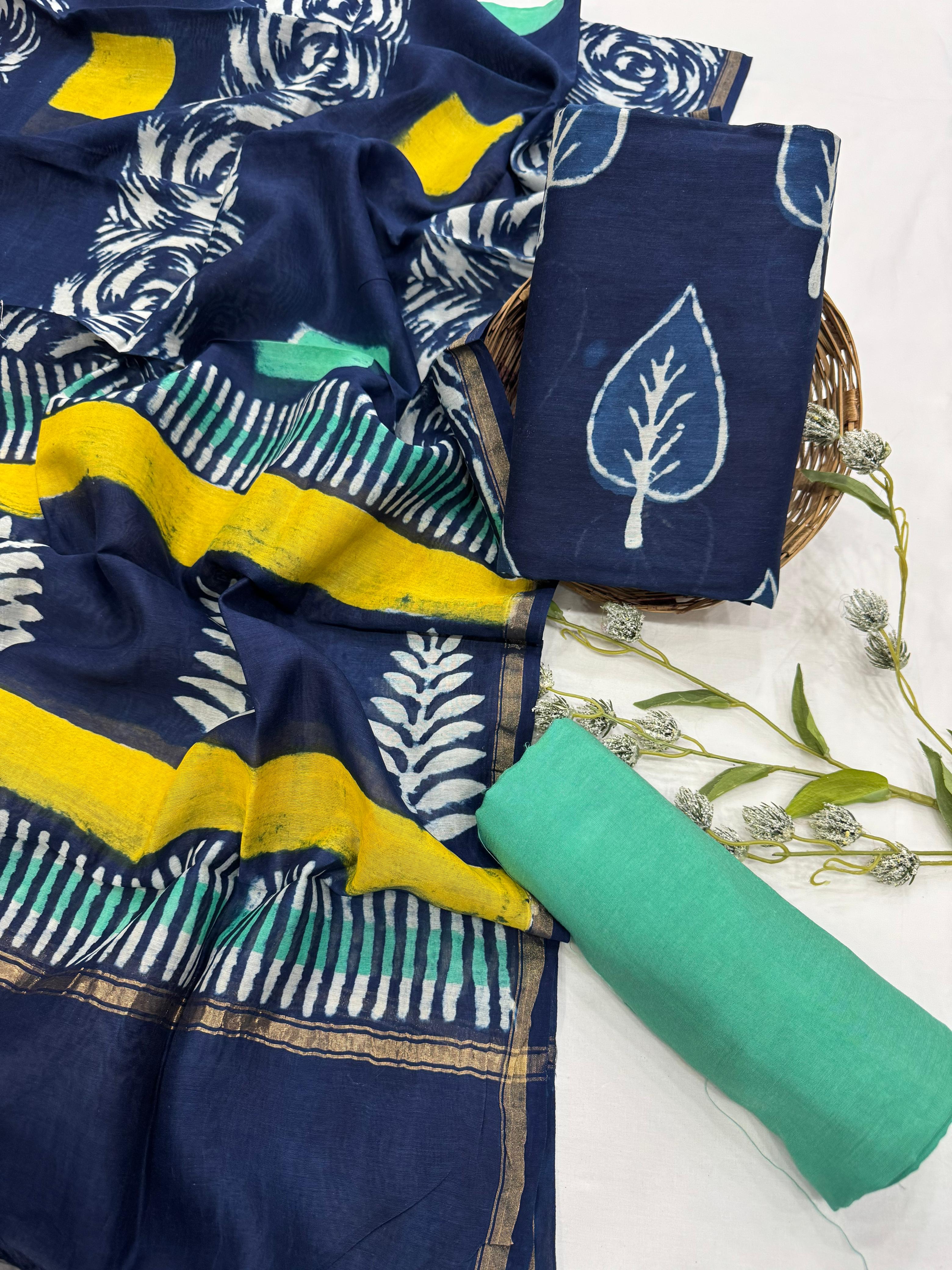 Wholesale Chanderi Silk Handblock Printed Dress Material – Indigo Leaf Butta Design, Artisan-Crafted in Rajasthan for Designers, Boutiques, and Bulk Orders