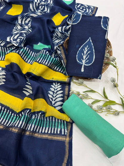 Wholesale Chanderi Silk Handblock Printed Dress Material – Indigo Leaf Butta Design, Artisan-Crafted in Rajasthan for Designers, Boutiques, and Bulk Orders