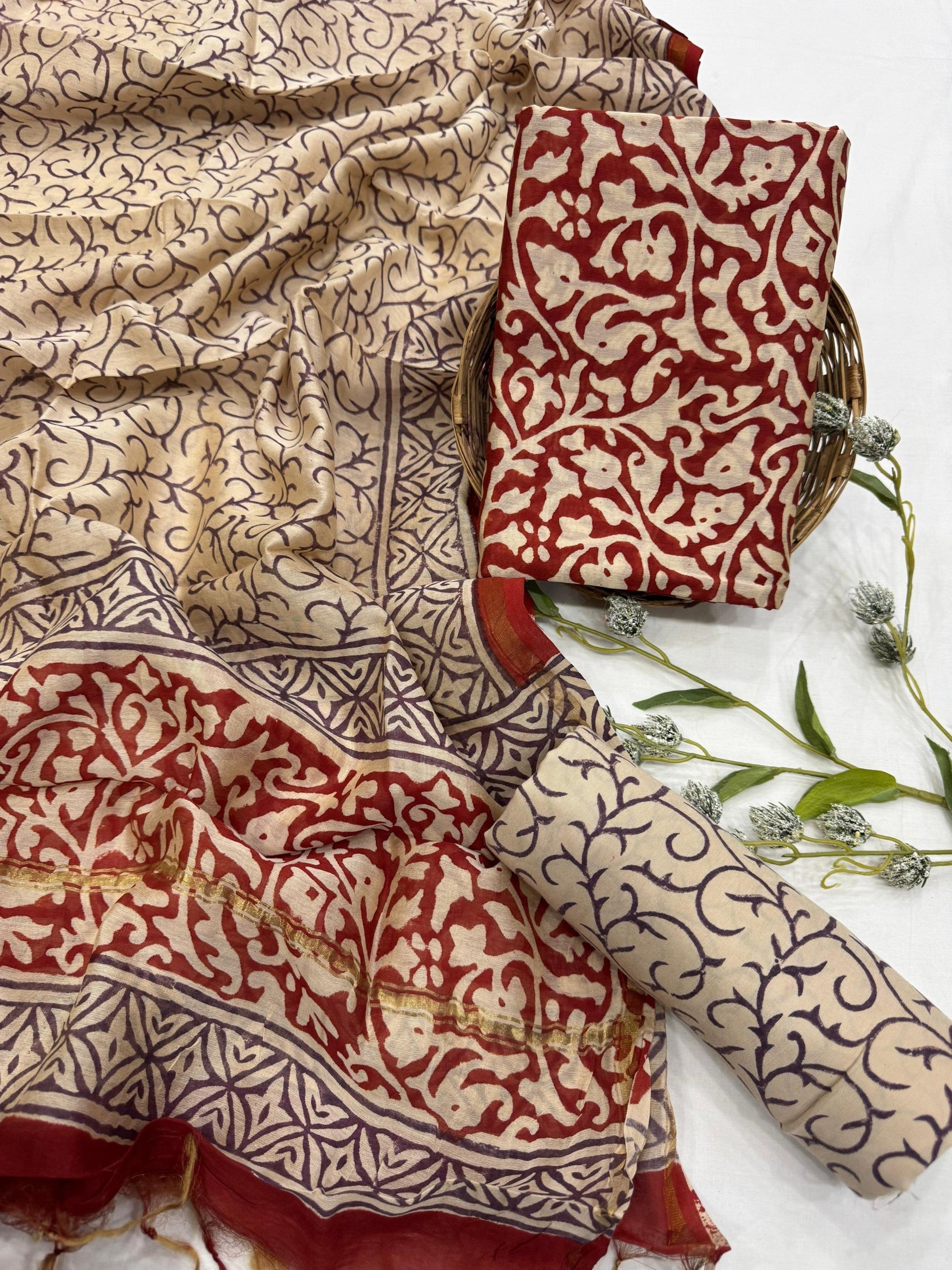 Wholesale Chanderi Silk Handblock Printed Dress Material – Madder Red Jaal Design, Artisan-Crafted in Rajasthan for Designers, Boutiques, and Bulk Orders