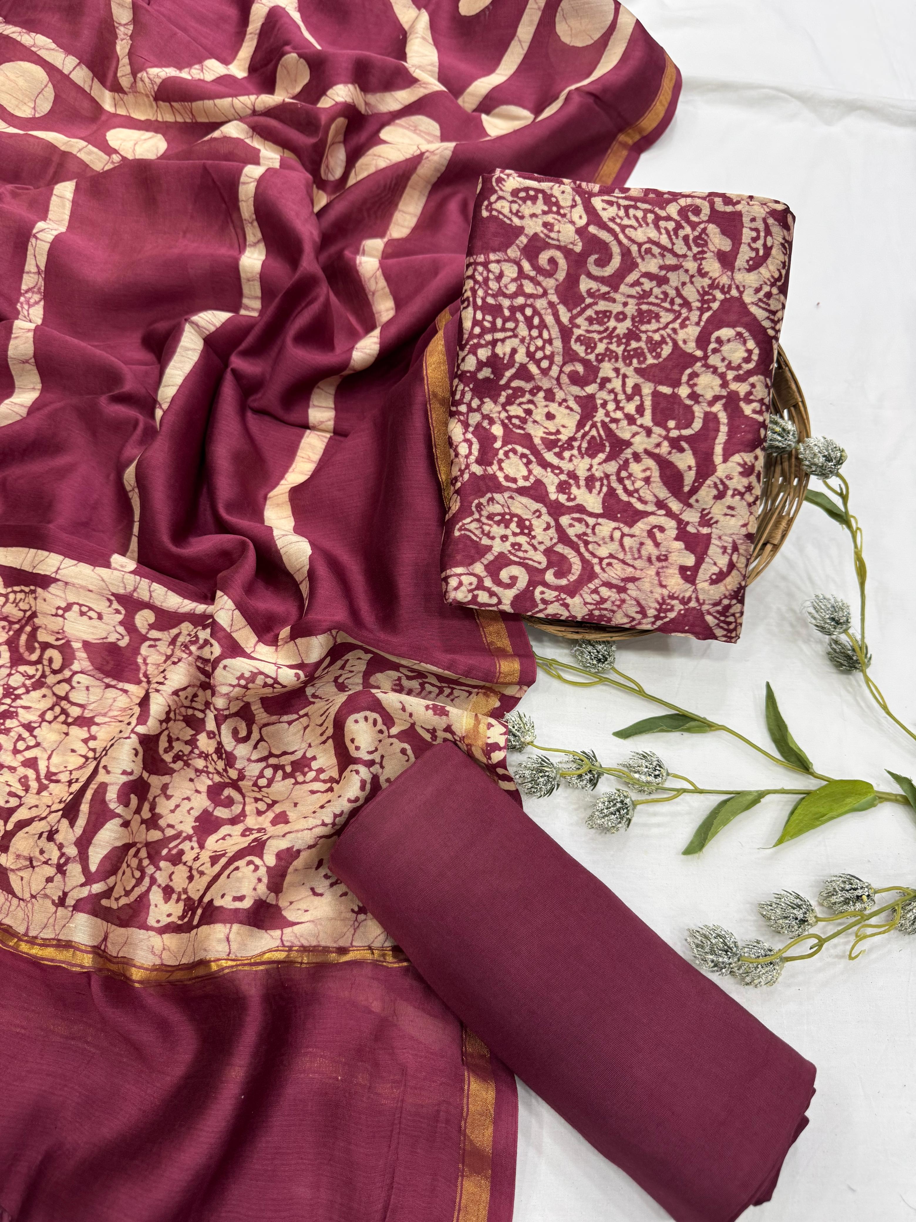 Wholesale Chanderi Silk Handblock Printed Dress Material – Maroon Pattern Design, Artisan-Crafted in Rajasthan for Designers, Boutiques, and Bulk Orders