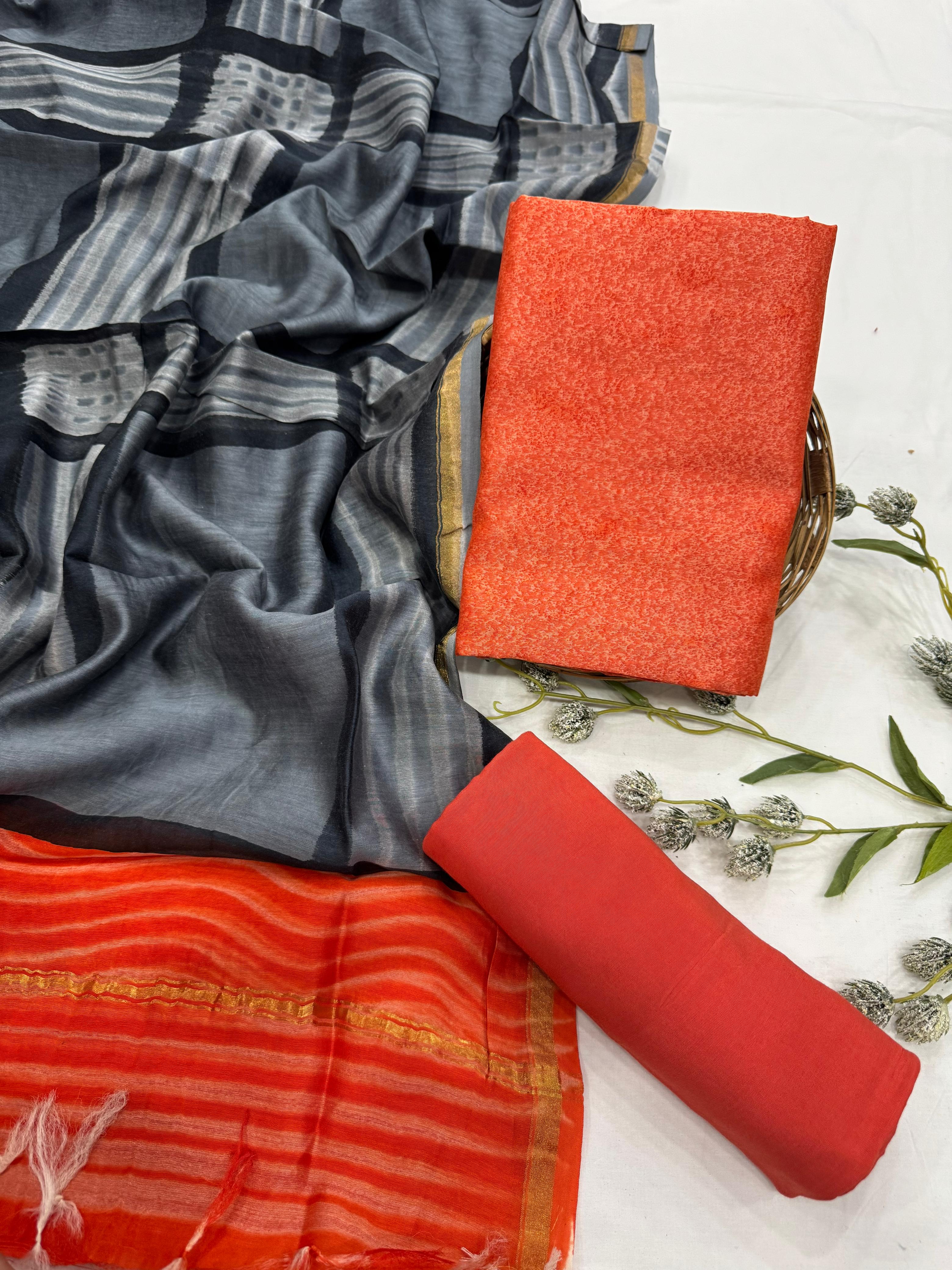 Wholesale Chanderi Silk Handblock Printed Dress Material – Orange Color, Artisan-Crafted in Rajasthan for Designers, Boutiques, and Bulk Orders