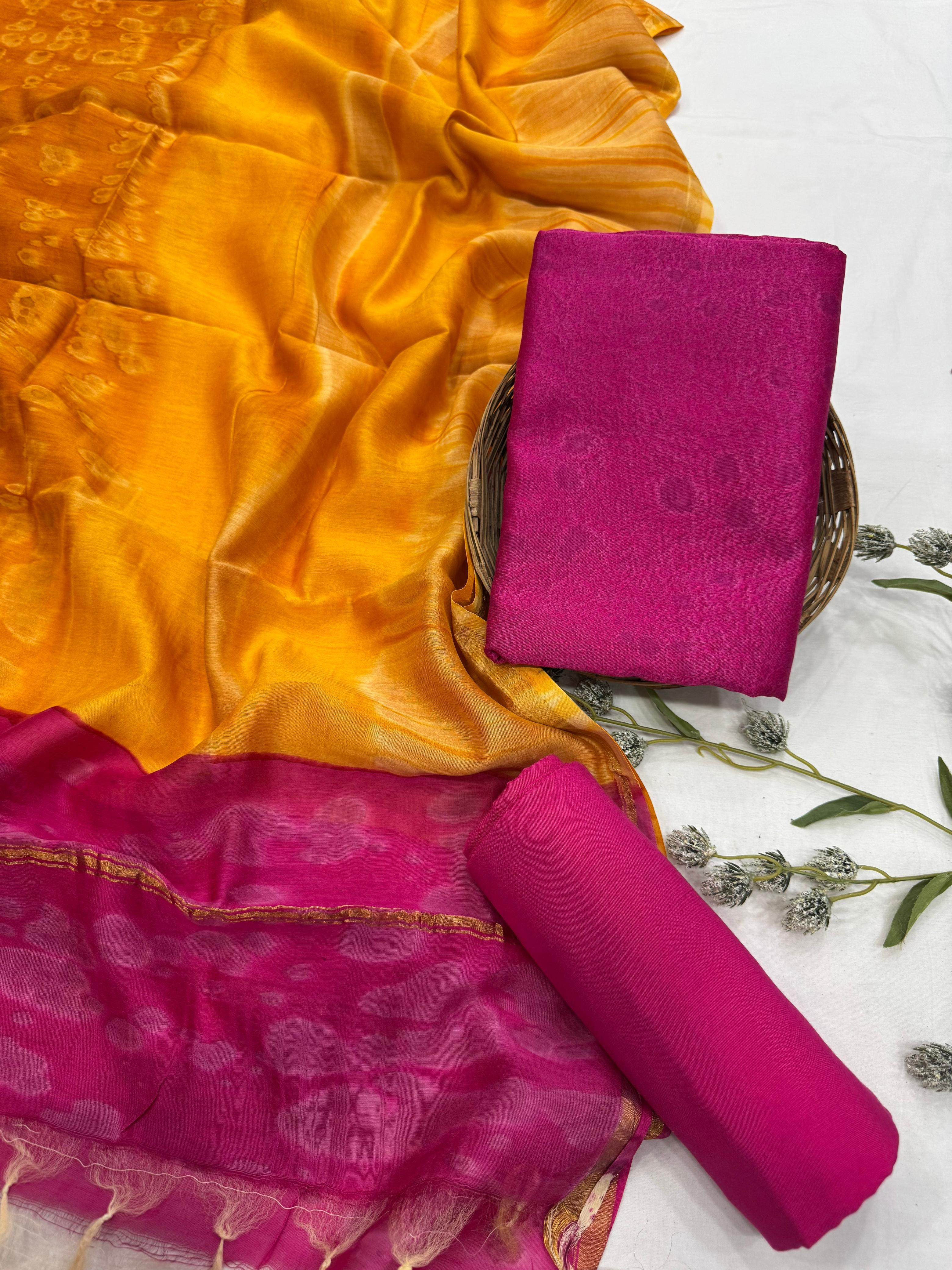 Wholesale Chanderi Silk Handblock Printed Dress Material – Pink Color, Artisan-Crafted in Rajasthan for Designers, Boutiques, and Bulk Orders