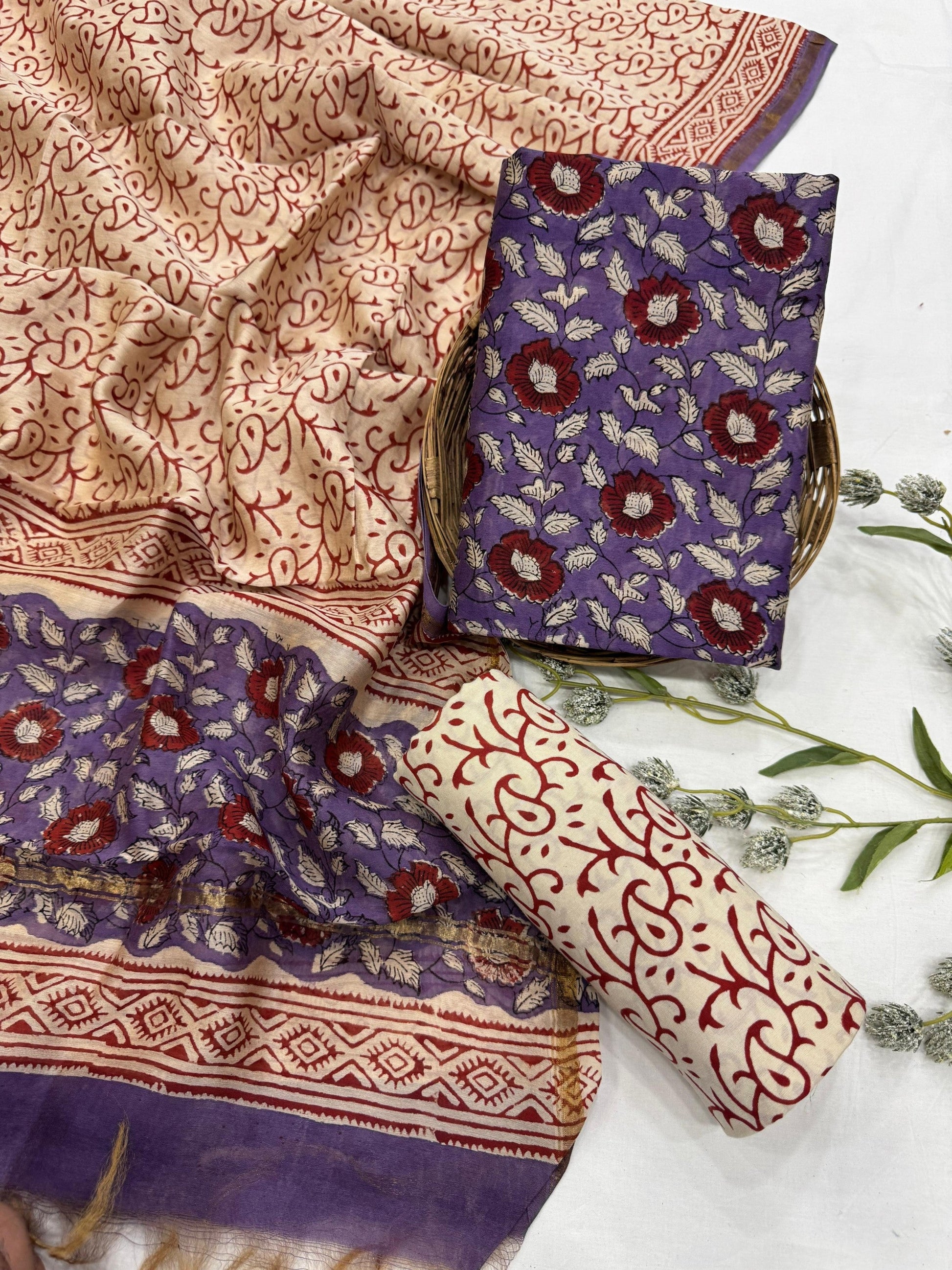 Wholesale Chanderi Silk Handblock Printed Dress Material – Purple Jaal Design, Artisan-Crafted in Rajasthan for Designers, Boutiques, and Bulk Orders