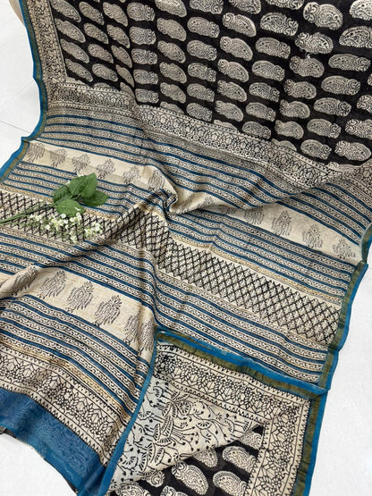 Blue black hand block printed Chanderi silk saree wholesale by Fabtexs