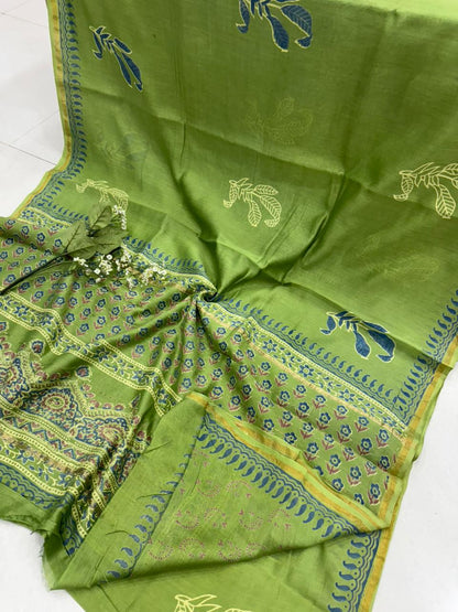 Green blue hand block printed Chanderi silk saree wholesale by Fabtexs