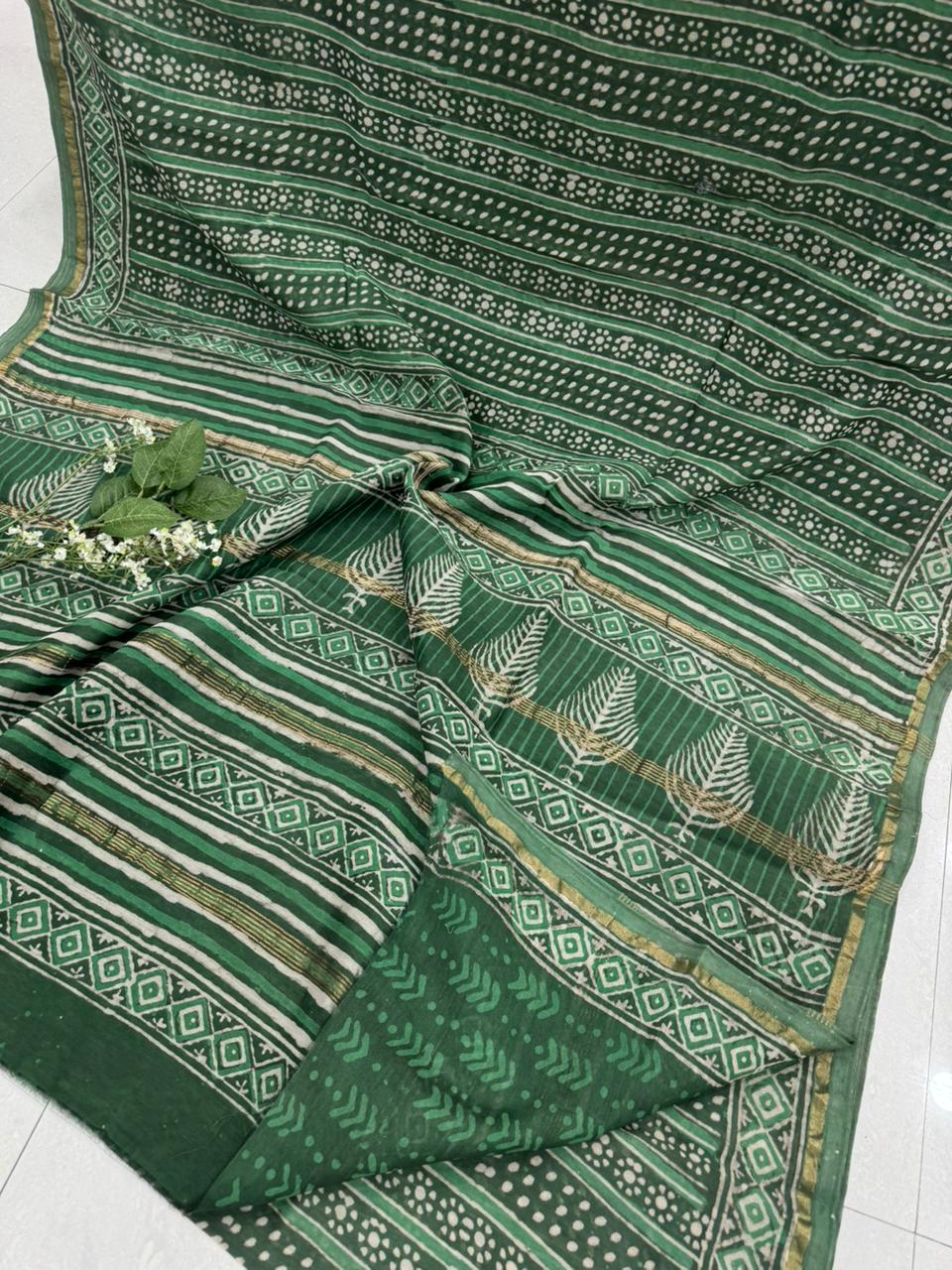 Green gold hand block printed Chanderi silk saree wholesale by Fabtexs