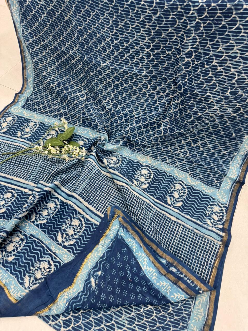 Indigo blue hand block printed Chanderi silk saree wholesale by Fabtexs